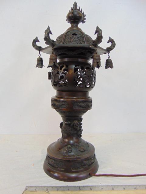 Japanese bronze pagoda lantern, table lamp, decorated with dragon around base, fish finials on roof (1 of 6)