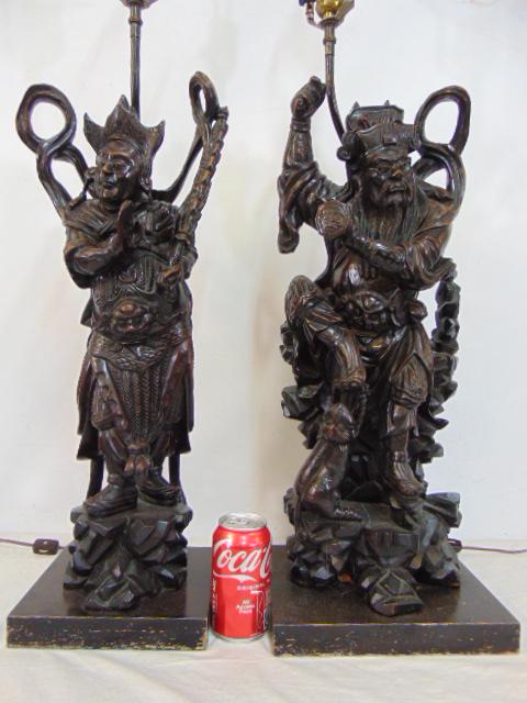 Pair Chinese carved wood figures lamped, each figure is 24" tall excluding socket extension, (1 of 6)