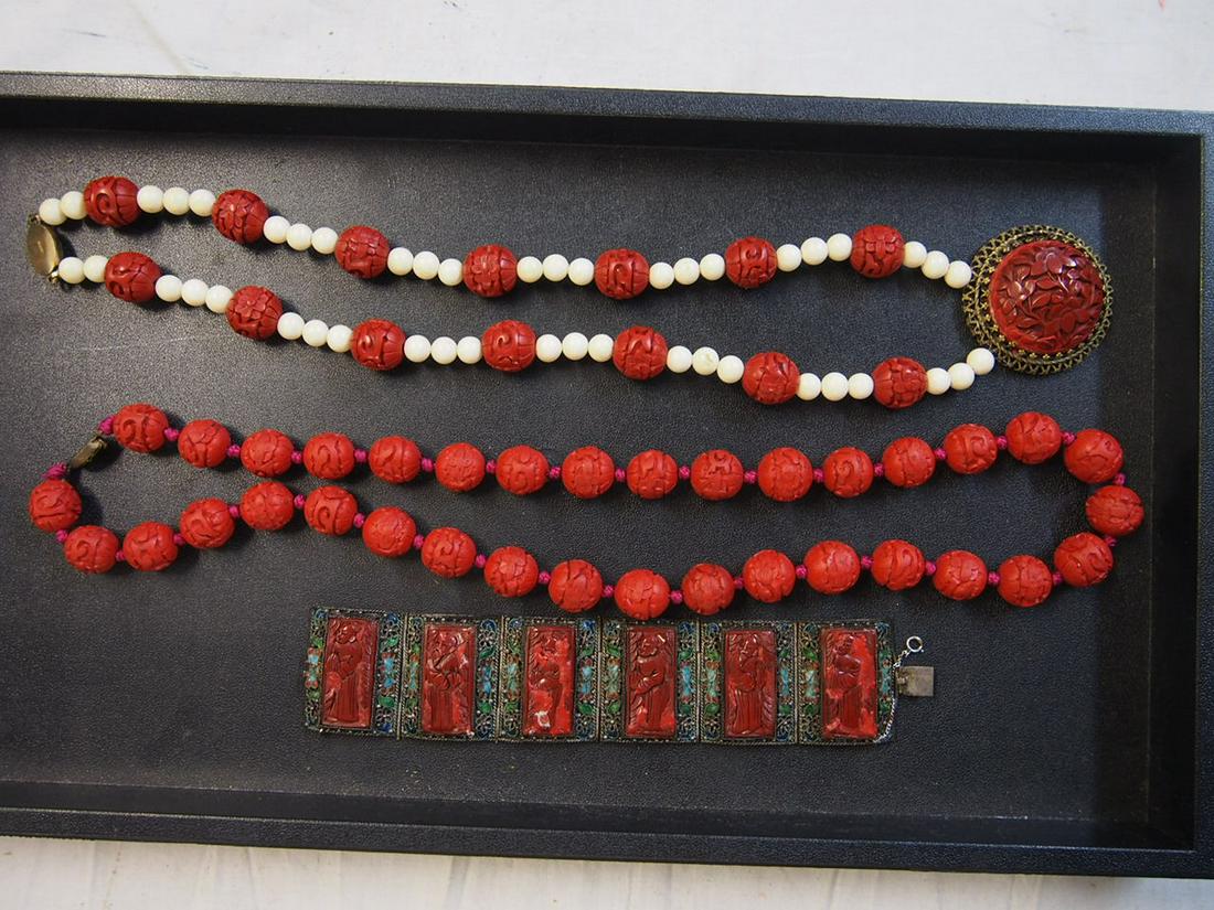 Chinese bracelet & 2 necklaces, cloisonne & carved stone (?) bracelet, & two carved cinnabar (1 of 5)