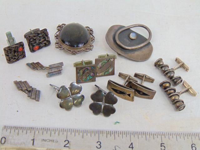 Lot silver cufflinks, & pins, brooch, includes 6 pair of various design cufflinks & 2 sterling pins, (1 of 5)