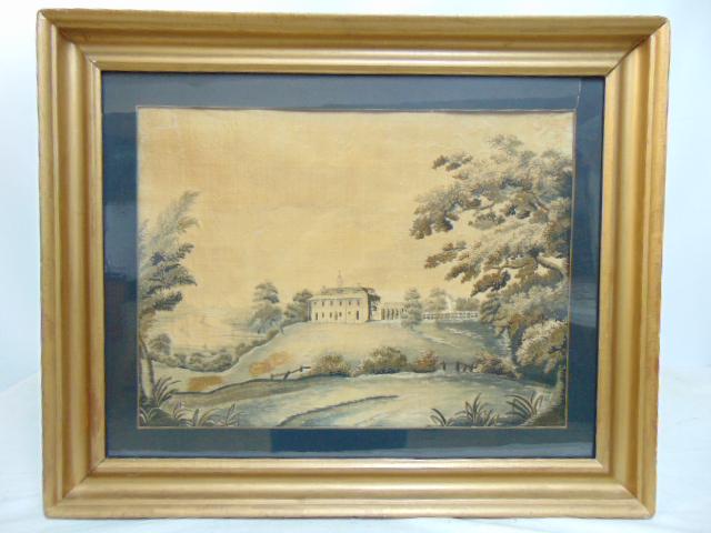 Early embroidery on silk, estate on a hill, landscape, 12.5" by 17" sight.: Early embroidery on silk, estate on a hill, landscape, 12.5" by 17" sight.