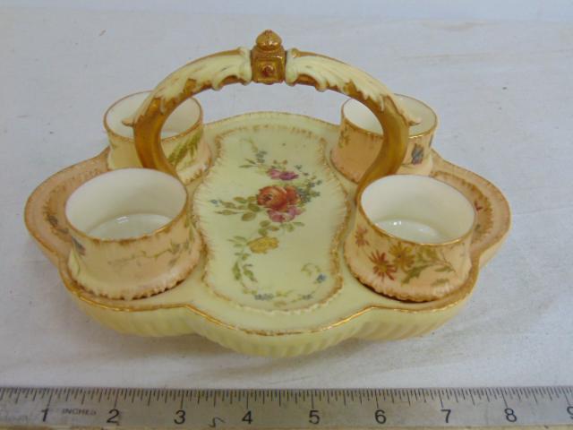 Royal Worcester egg cup holder, floral decorated holder with 4 cups, carrying handle, in good (1 of 5)