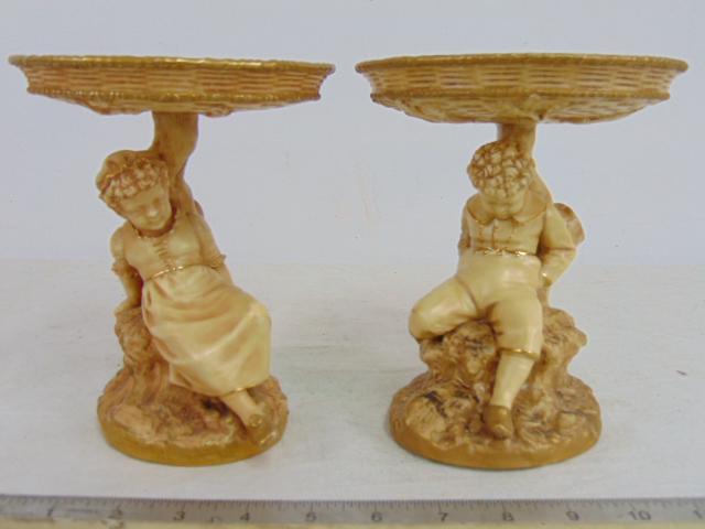 Pair Royal Worcester figural footed bowls, tazza, signed Hadley, 6" in diameter, height is 7", both (1 of 8)