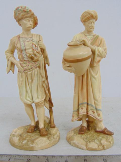 Pair Royal Worcester Turkish figures, one with large bowl, other with knife & rifle, in good: Pair Royal Worcester Turkish figures, one with large bowl, other with knife & rifle, in good condition, height is 8.75"