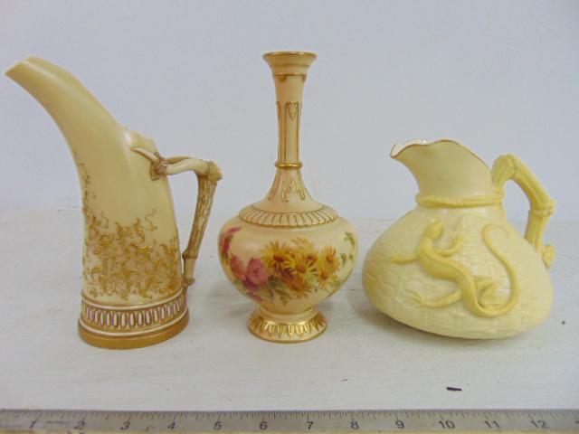 Royal Worcester pitchers & vase, basket pattern pitcher with lizard decoration, horn styled pitcher (1 of 8)