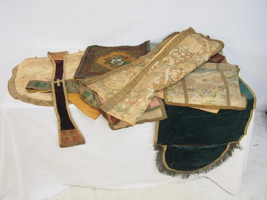 Lot early embroidered religious vestments or altar cloths, various shapes, sizes: Lot early embroidered religious vestments or altar cloths, various shapes, sizes