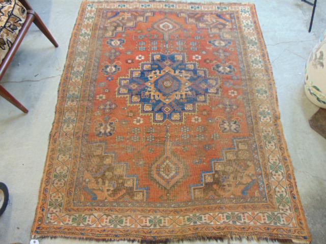 Persian carpet, early rug with center design, loss on borders, 4'10" by 6'3", worn (1 of 5)