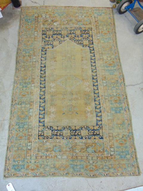 Early prayer rug, worn, beige, light blue, carpet is 6'9" by 4'2" (1 of 6)