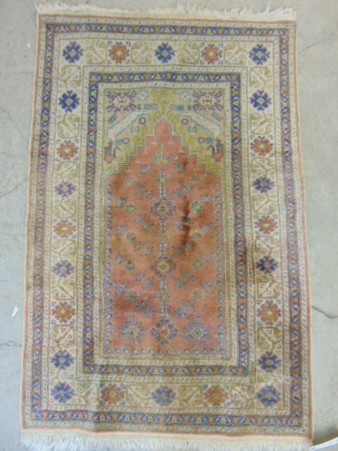 small prayer rug, pink interior, good condition, 3; by 4'6" (1 of 4)