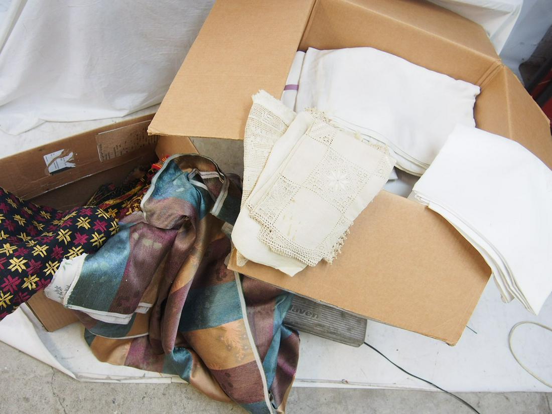 2 boxes of fabric, linens, including a large lot Damask, various sizes, panels, striped purple panel (1 of 11)