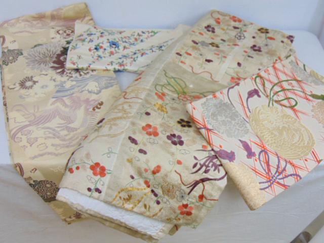 4 embroidered Japanese Obi textiles, small floral decorated scarf, panel & small blanket with gilt (1 of 8)
