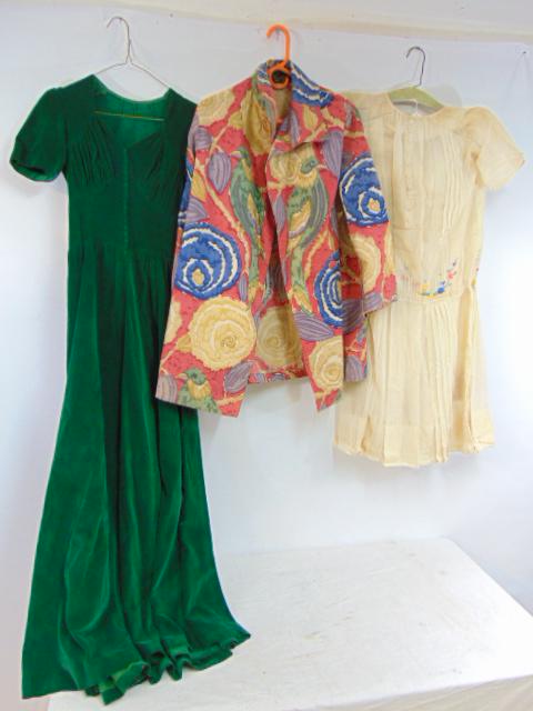 Clothing lot, 2 dresses & Au Bon Marche jacket, green velvet dress, white embroidered dress with (1 of 5)