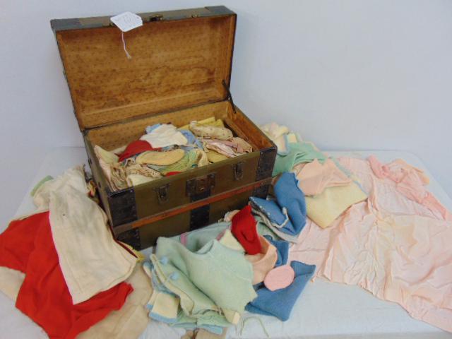 Doll trunk filled with doll clothes, knitted wool clothes, linens & more, trunk is 16" by 9.75", (1 of 5)