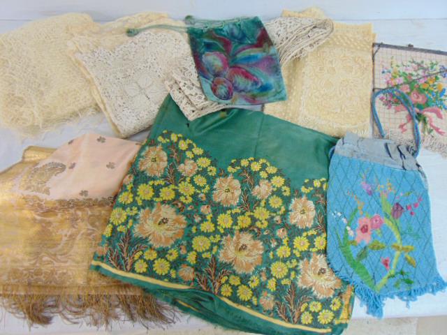 Beaded purses, embroidered fabrics and assorted lace, lot (1 of 9)