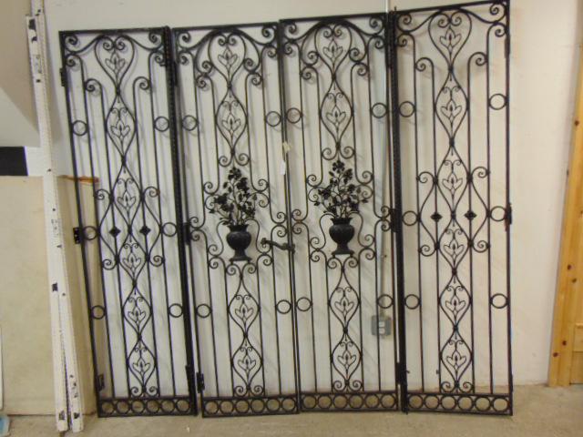 4 panel, double door iron gate with floral decoration, wrought iron in black, each section is 81" (1 of 9)