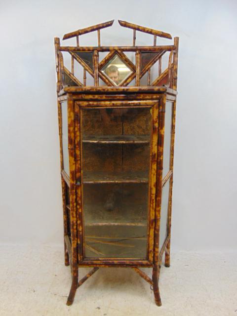 Bamboo china cabinet, chinois style, paint decorated top, with backsplash, diamond shaped beveled (1 of 5)
