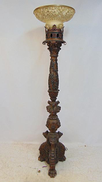 Heavily carved floor lamp with carved alabaster torchier style shade, base carved wood with various (1 of 10)
