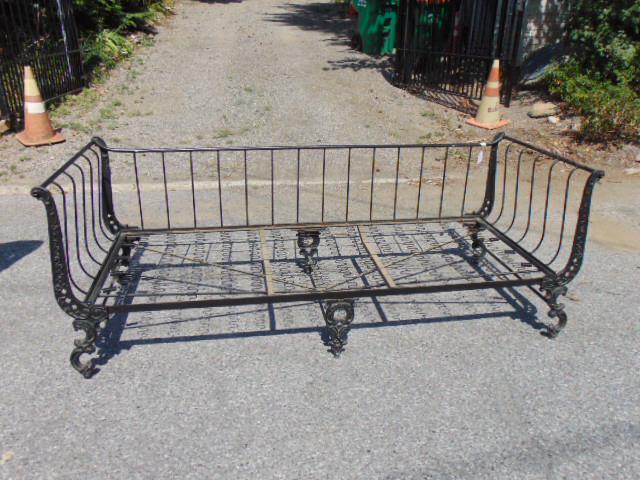 Iron daybed in campaign style, 1940s copy, in black paint, bed is 80" by 31", height is 29.75" (1 of 4)