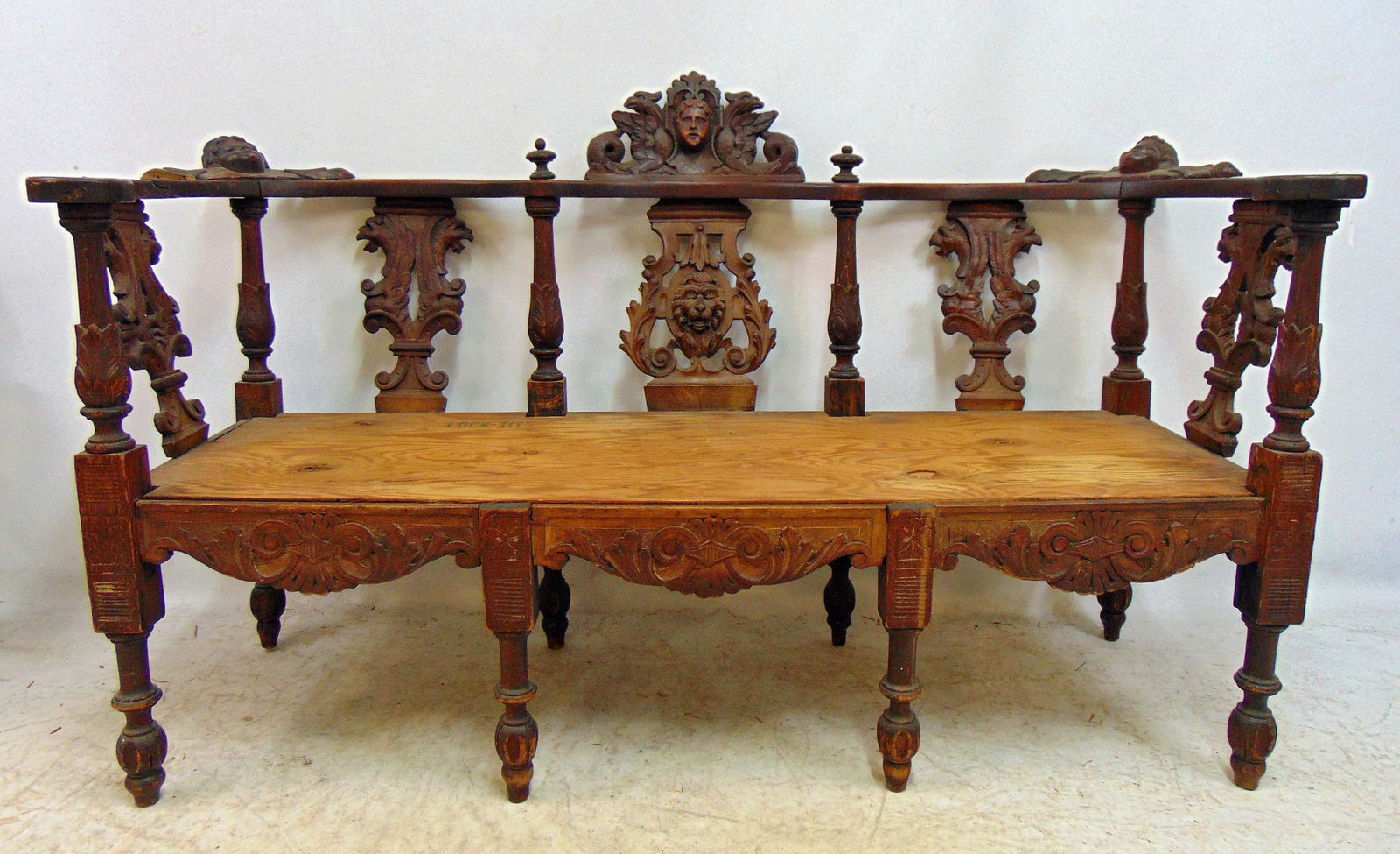 Carved bench with putti, griffins, lions, curved arms, Italian, needs restoration, bench is 58" (1 of 5)