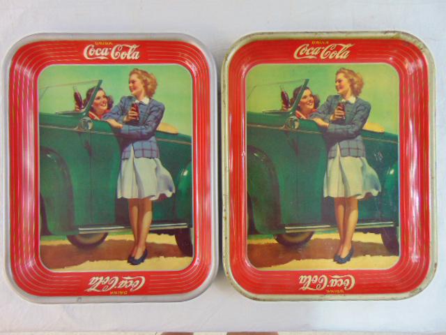 2 vintage Coca Cola trays, 1942, American Art Works Inc, girls by car, one has minor scratches, (1 of 7)