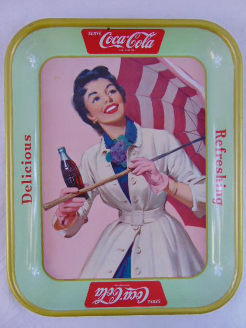 Vintage Coca Cola tray, 1957, Coca-Cola LTD, girl with umbrella holding Coke bottle, minor blemish (1 of 7)