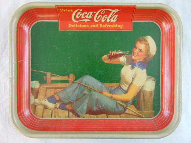 Vintage Coca Cola tray, 1940, American Art Works, Coshocton, O, girl enjoying a Coke on a dock, (1 of 7)
