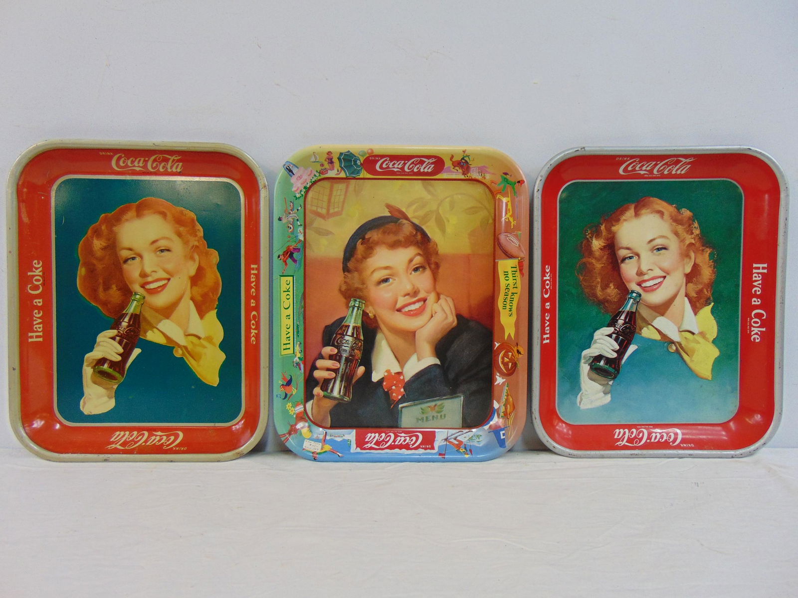 Lot 3 vintage Coca Cola trays, 1950's, matching pair & single, some light scratches, 13.25" by 10.5" (1 of 12)