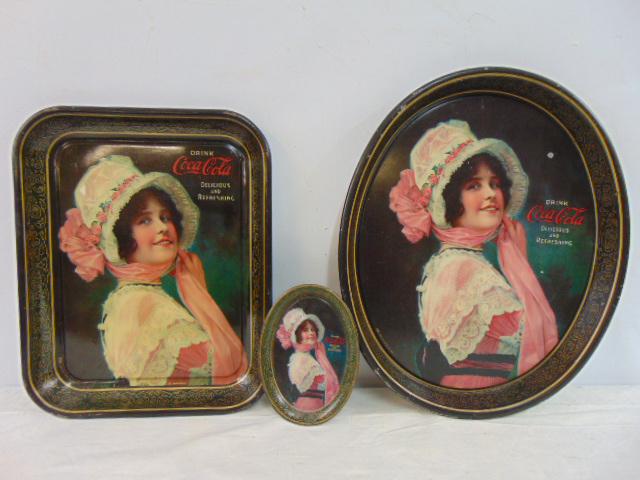 1914 Coca Cola tray lot, 3 pieces, oblong serving tray, oval serving tray & small oval tip tray, all (1 of 14)
