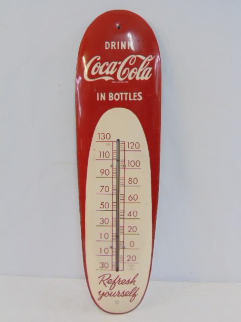 Coca Cola wall thermometer, vintage enameled steel, "Drink Coca Cola in Bottles", minor scratches, (1 of 6)