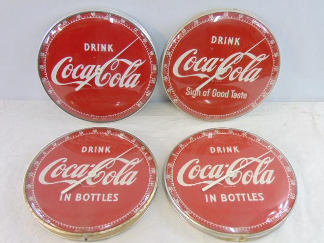 4 vintage Coca Cola thermometers, round, 12" in diameter, all in good condition, includes "Drink (1 of 7)