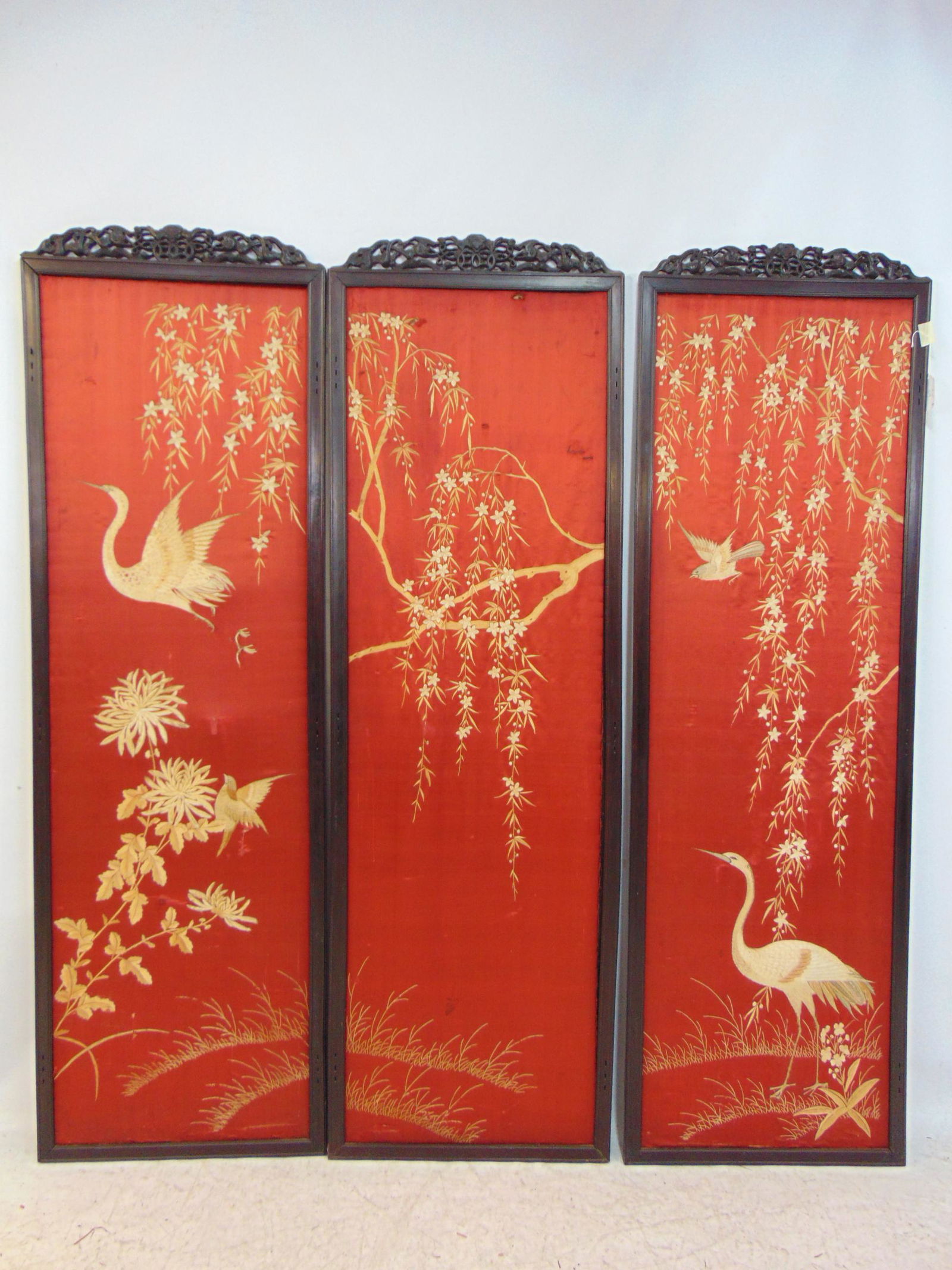3 panel Chinese screen, carved wood frame with red silk embroidered panels decorated with birds & (1 of 5)
