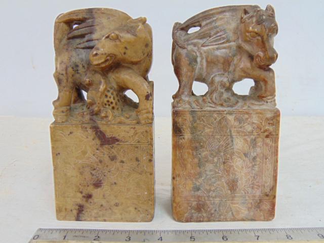 Pair carved soapstone winged creatures on pedestals, 3.5" by 2.25" at base, height is 7.5" (1 of 9)