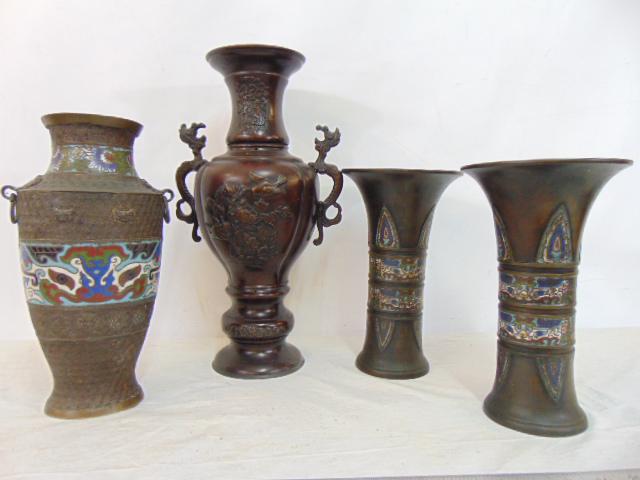 Bronze & cloisonne vases, 4 piece lot, includes a pair of Cloisonne trumpet style vases, 10" tall, a (1 of 8)