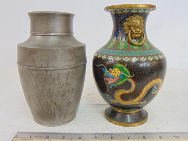 Chinese Cloisonne vase & pewter tea caddy, Cloisonne vase decorated with lion & 2 small handles, (1 of 6)