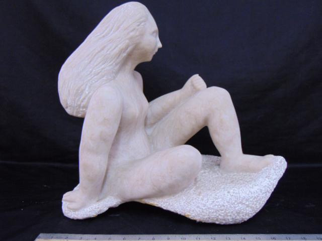 Carved alabaster stone statue, nude lady seated, unsigned, statue is 18.5" by 10", height is 17": Carved alabaster stone statue, nude lady seated, unsigned, statue is 18.5" by 10", height is 17"
