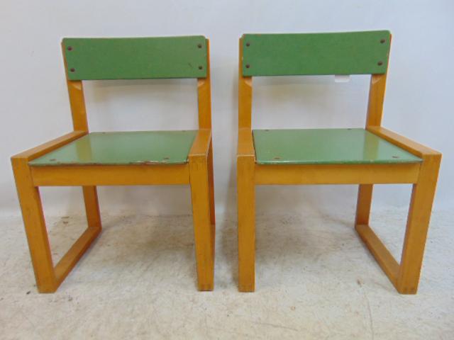 Pair Mid Century child's chairs, in maple & painted seat & back, chairs are 17" wide, 14" deep,: Pair Mid Century child's chairs, in maple & painted seat & back, chairs are 17" wide, 14" deep, height is 24.5"