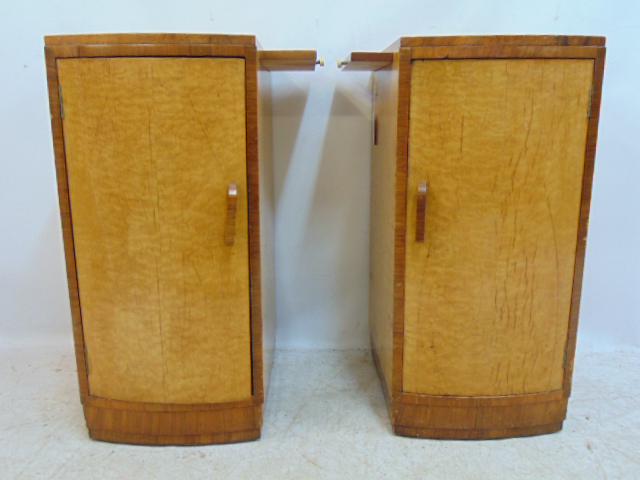 Pair maple art deco night stands with sliding shelves, each stand is 13.25" by 15.75", height is (1 of 5)