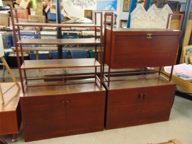 Pair Mid Century cabinets, etagere, with double door cabinet base, one has bar cabinet on top, other (1 of 4)
