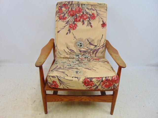 Mid Century armchair, rocking mechanism, chair is 31" by 28", height is 32", small split upper right: Mid Century armchair, rocking mechanism, chair is 31" by 28", height is 32", small split upper right on back rest, straps for seat replaced (poorly)
