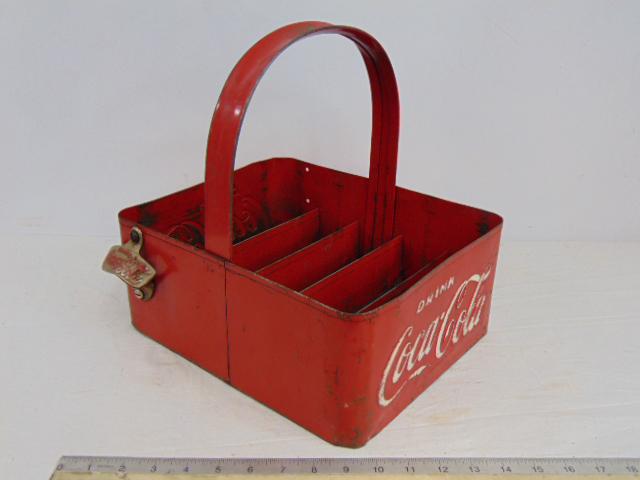 Coca Cola steel carrying tray with opener, basket style with dividers, in original red paint with (1 of 6)