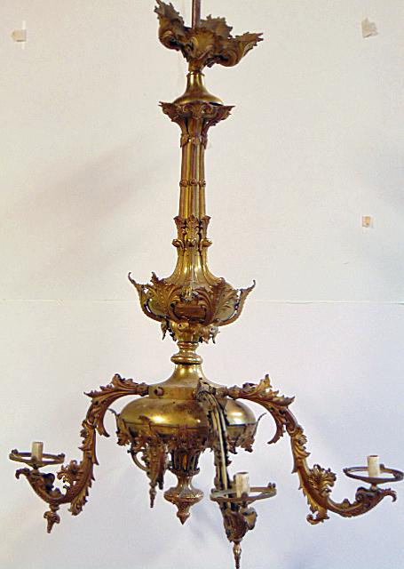 Brass Gothic chandelier, 4 arm, 2 arms missing, ornate center, height is 40", 29" in diameter (1 of 8)