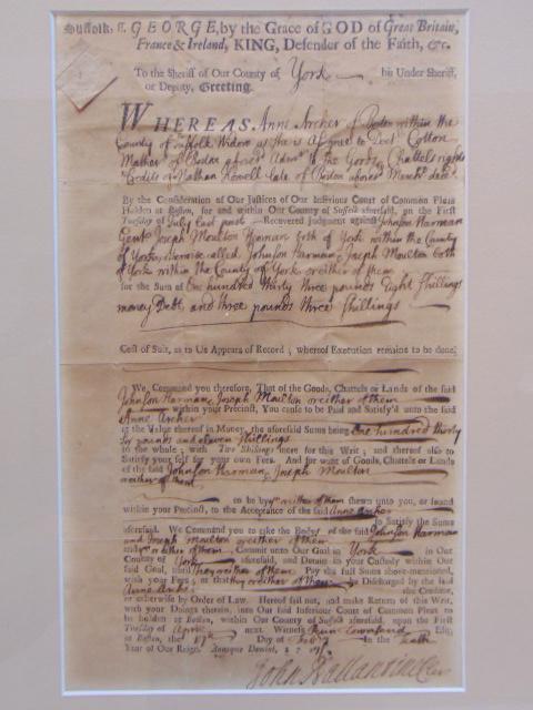 Document, legal document mentioning Cotton Mather, Anne Archer, Joseph Moulton, John Leighton (1 of 6)