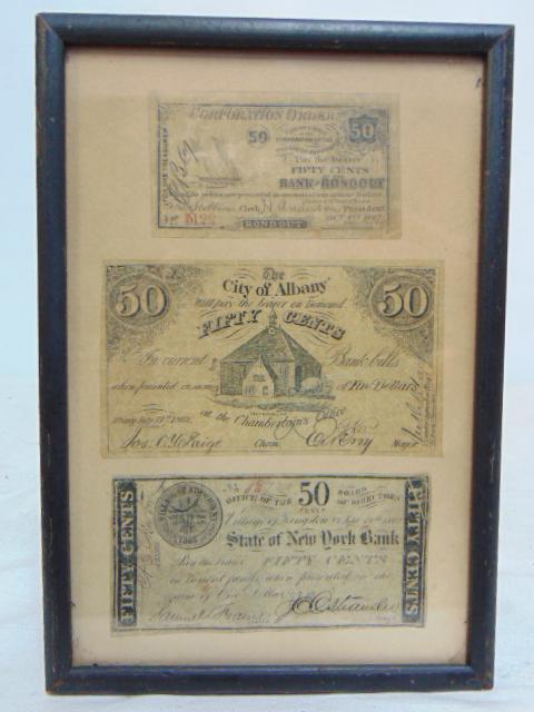 Original bank notes, currency, New York, includes 3 framed notes, City of Albany fifty cents; Fifty (1 of 5)