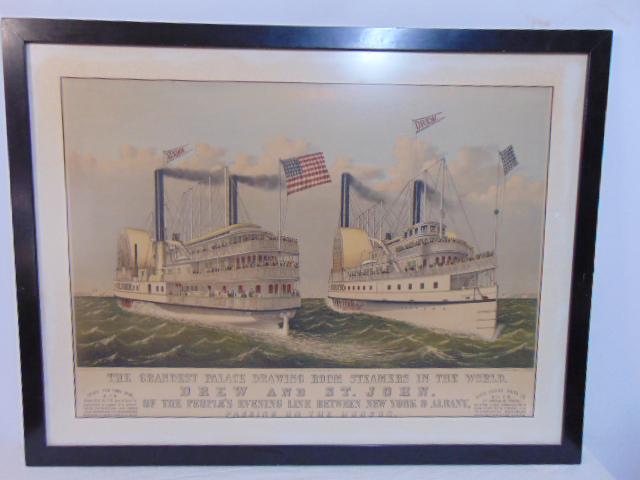 Large Currier & Ives print, "Drew and St. John", passing on the Hudson, 25" by 35" sight, matting is (1 of 6)