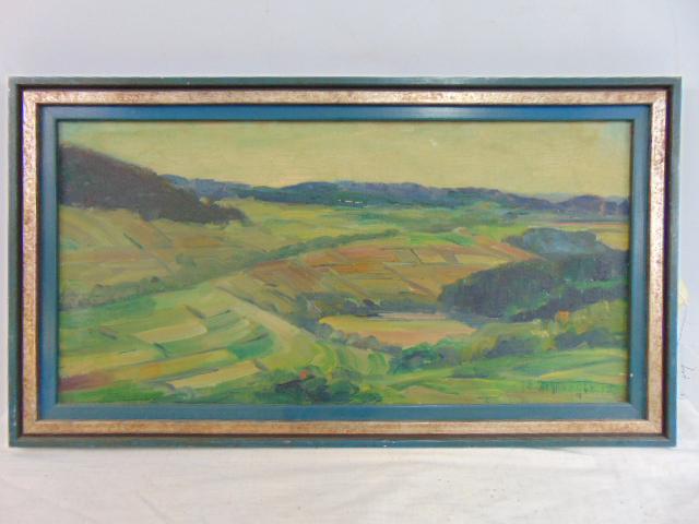 Painting, landscape, fields, signed illegibly, (Schn...???? see images) oil on canvas, 12" by 23.5" (1 of 4)