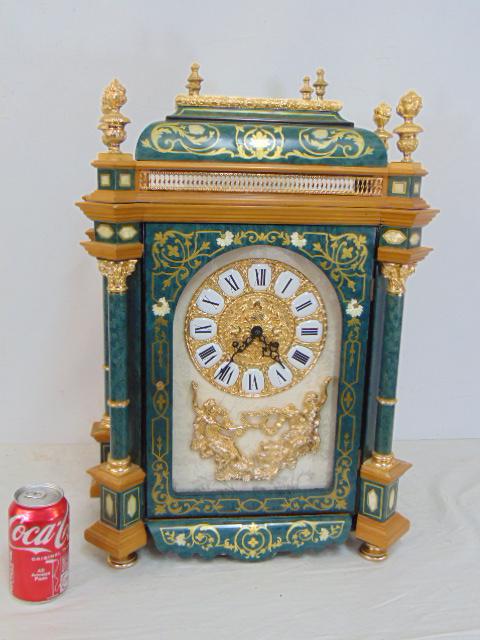 Large decorative mantle clock, inlaid case, columns, gilt face, not old, clock is 23.5" tall, (1 of 7)