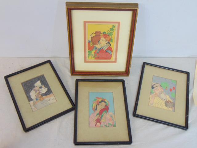 4 prints by Paul Jacoulet, set of three Asian scenes with figures, with silk matting, 5.5" by 3.75" (1 of 12)