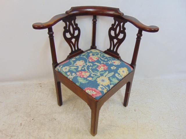 Antique Chippendale corner chair, lyre back & (replaced) needlepoint seat (1 of 5)