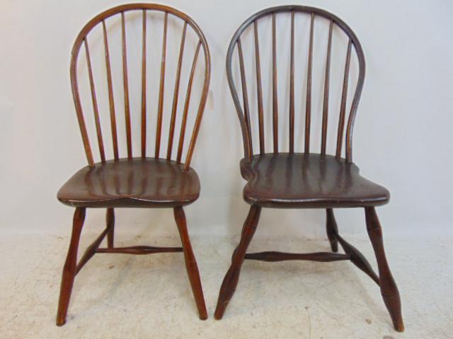 2 antique Windsor chairs, oak & mahogany, solid seat, bow back. (1 of 5)