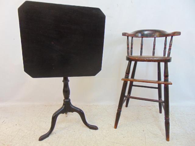 Antique child's high chair & tilt top candle stand, painted detail on chair, candle stand top is 22" (1 of 6)